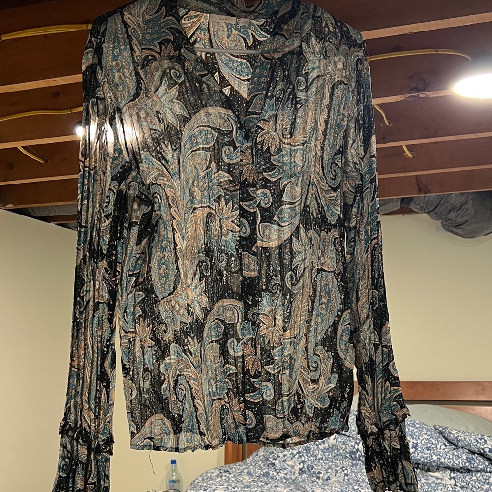 Apt. 9 Black, Teal and Tan Paisley Button-Up Blouse